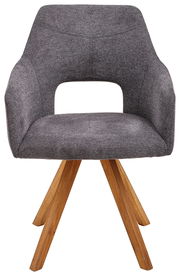 Grauer Sessel mit Holzbeinen, Vorderansicht