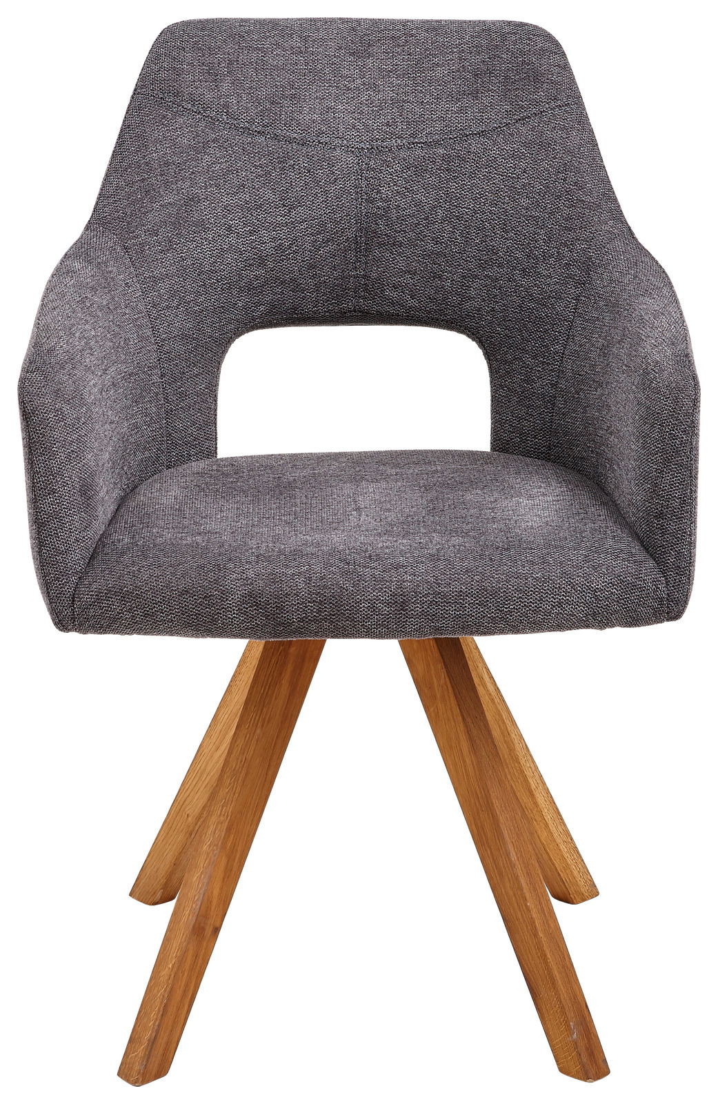 Grauer Sessel mit Holzbeinen, Vorderansicht