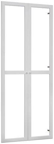 Zweiflügelige weiße Tür aus der Frontalperspektive mit Glaseinsätzen und schlichten Griffen.
