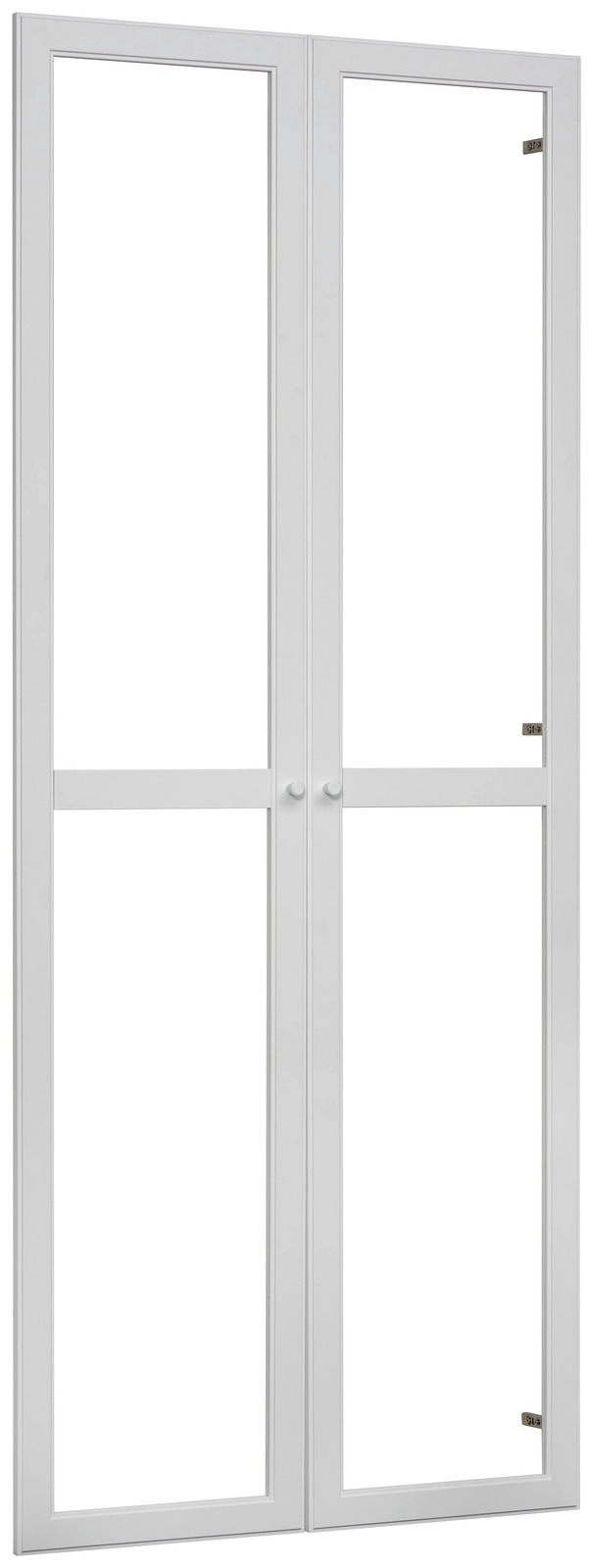 Zweiflügelige weiße Tür aus der Frontalperspektive mit Glaseinsätzen und schlichten Griffen.