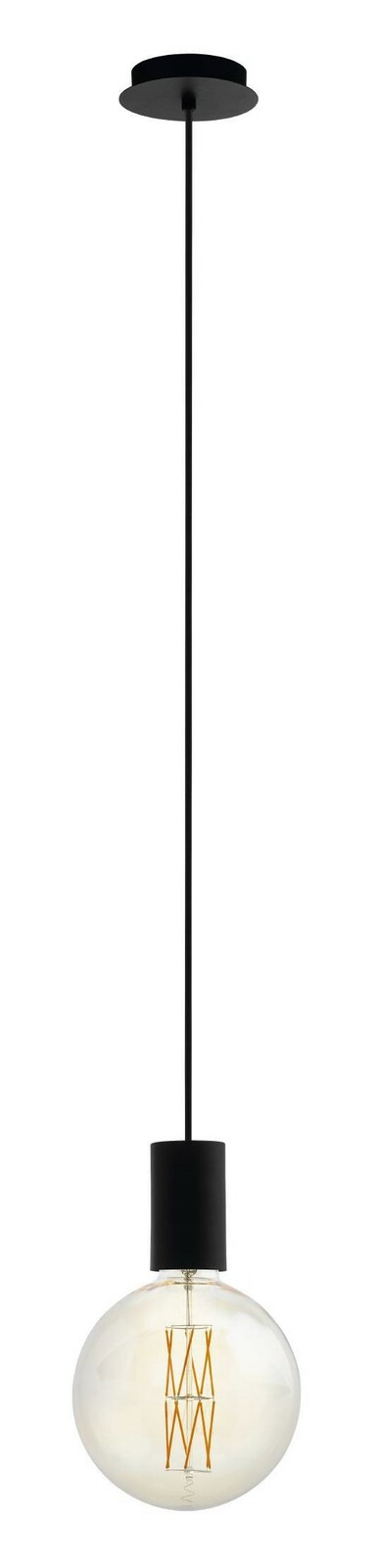 Moderne Pendelleuchte POZUETA mit schwarzem Kabel und runder Glühbirne, seitliche Perspektive