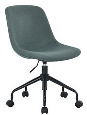 Moderner Home Office Drehstuhl in grauem Stoffbezug mit schwarzem Metallgestell und Rollen, seitliche Perspektive