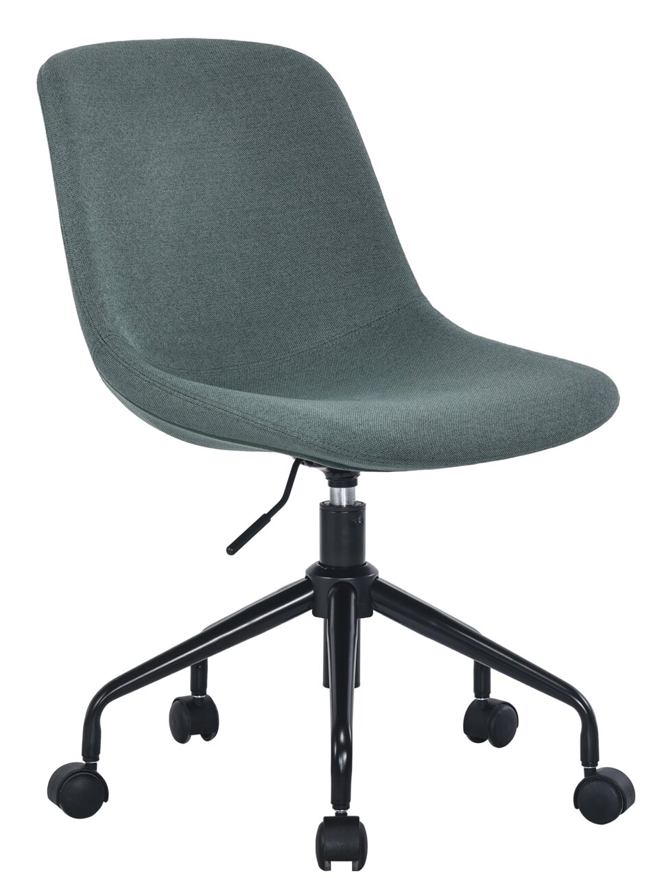 Moderner Home Office Drehstuhl in grauem Stoffbezug mit schwarzem Metallgestell und Rollen, seitliche Perspektive