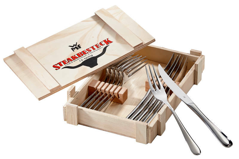 Steakbesteck 12-teilig in offener Holzkiste, Perspektive von oben