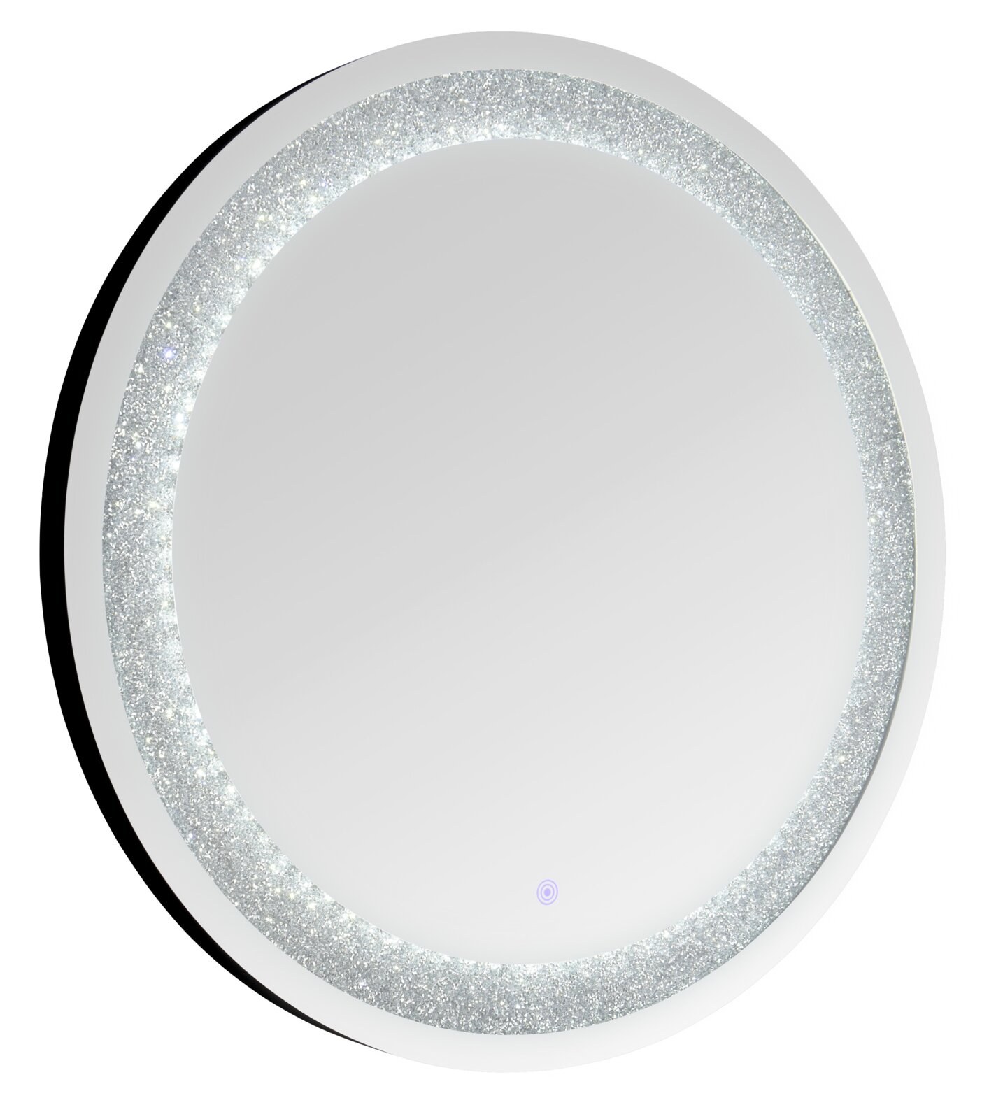 XORA LED-Lichtspiegel HERMINE Runder LED-Spiegel mit glitzerndem, silbernem Rand und Touch-Schalter unten, Frontalansicht leicht schräg von links vor weißem Hintergrund