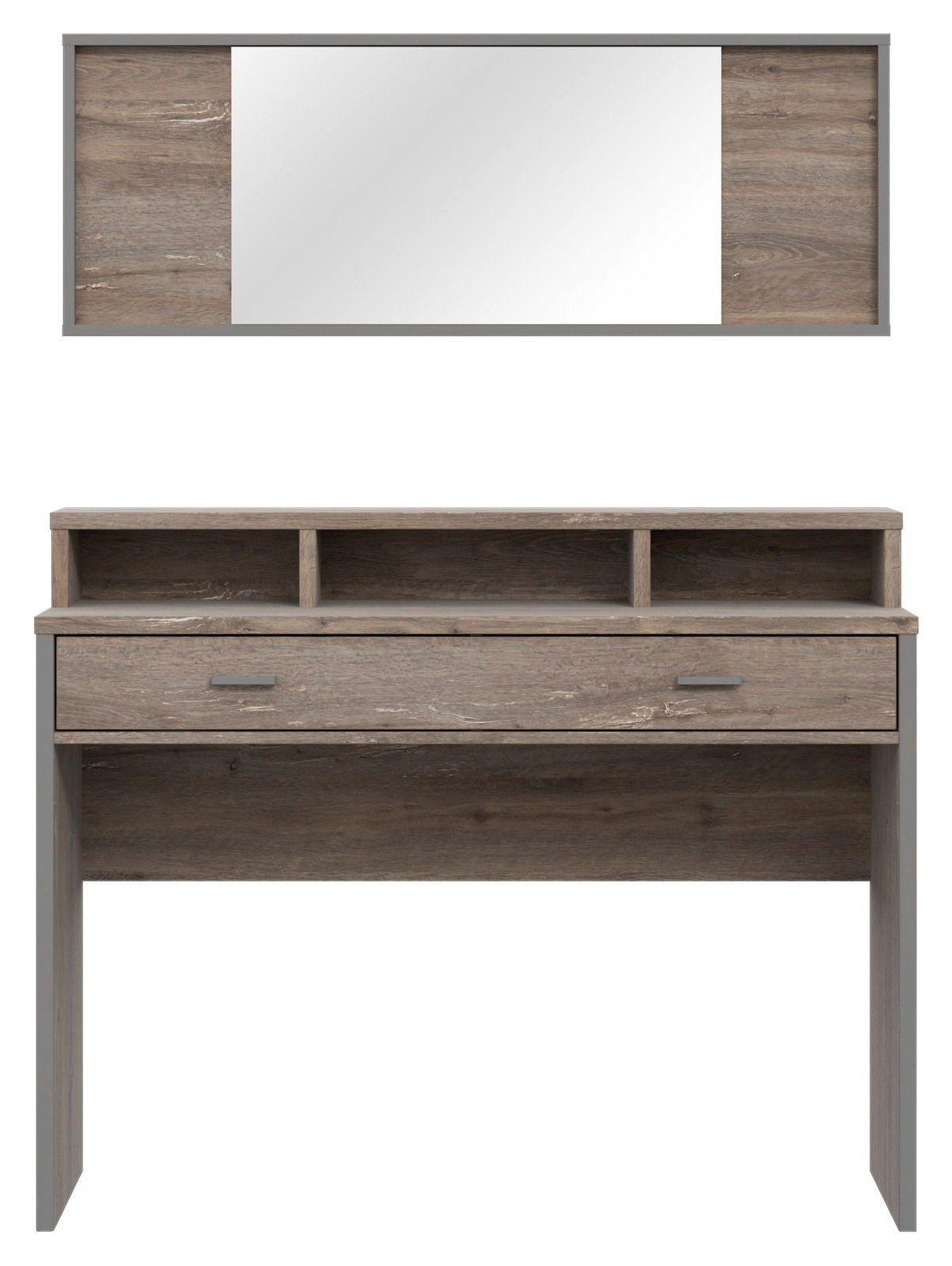 Schminktisch mit Spiegel in Holzoptik, frontal abgebildet