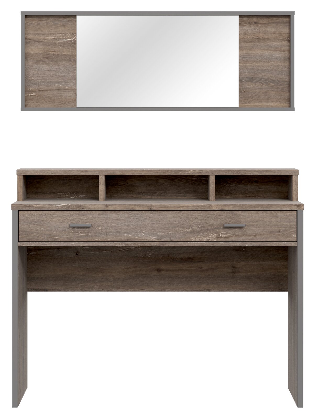 Schminktisch mit Spiegel in Holzoptik, frontal abgebildet