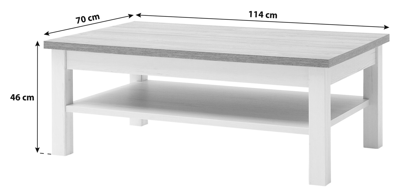 Rechteckiger Couchtisch in Weiß mit Ablageboden und abgesetzter Holzoptik-Tischplatte, Maße ca. 114 x 70 x 46 cm, dargestellt in schräger Frontansicht von oben.