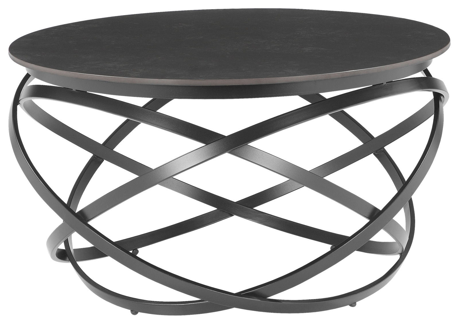 Moderner Couchtisch mit schwarzer runder Tischplatte und kunstvollem, überkreuztem Metallgestell, seitliche Perspektive