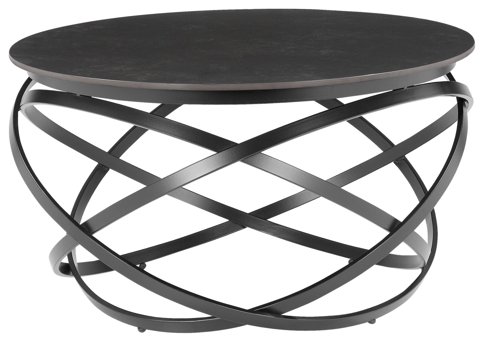 Moderner Couchtisch mit schwarzer runder Tischplatte und kunstvollem, überkreuztem Metallgestell, seitliche Perspektive