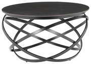 Moderner Couchtisch mit schwarzer runder Tischplatte und kunstvollem, überkreuztem Metallgestell, seitliche Perspektive