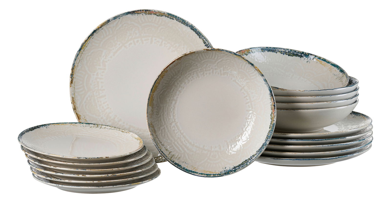 Perspektive von vorne auf ein 18-teiliges Tafelset mit dekorativen Tellern in Weiß mit farbigen Rändern.