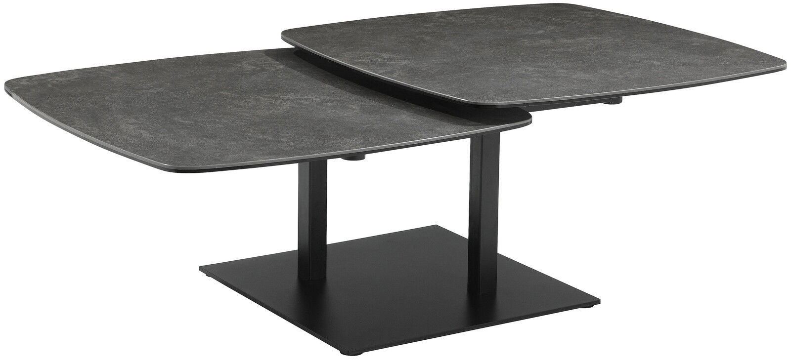 Moderner Couchtisch mit zwei versetzten, quadratischen Platten in dunkler Steinoptik, seitliche Perspektive.