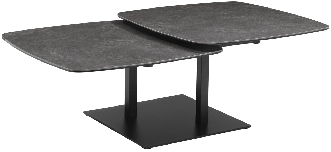 Z2 Couchtisch FRANJO Moderner Couchtisch mit zwei versetzten, quadratischen Platten in dunkler Steinoptik, seitliche Perspektive.