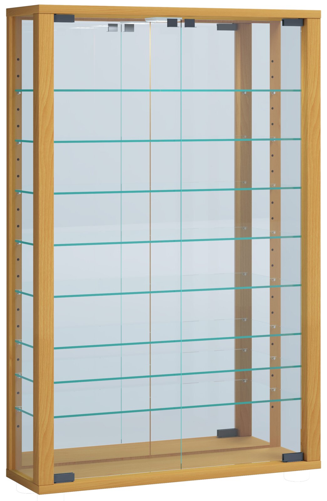 Holz-Vitrine mit Glasschiebetüren und mehreren Glasböden, frontale Ansicht leicht von links