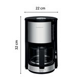 Kaffeemaschine ProAroma Plus in Frontalansicht, 22 cm breit und 32 cm hoch, mit Edelstahl- und Glaselementen.