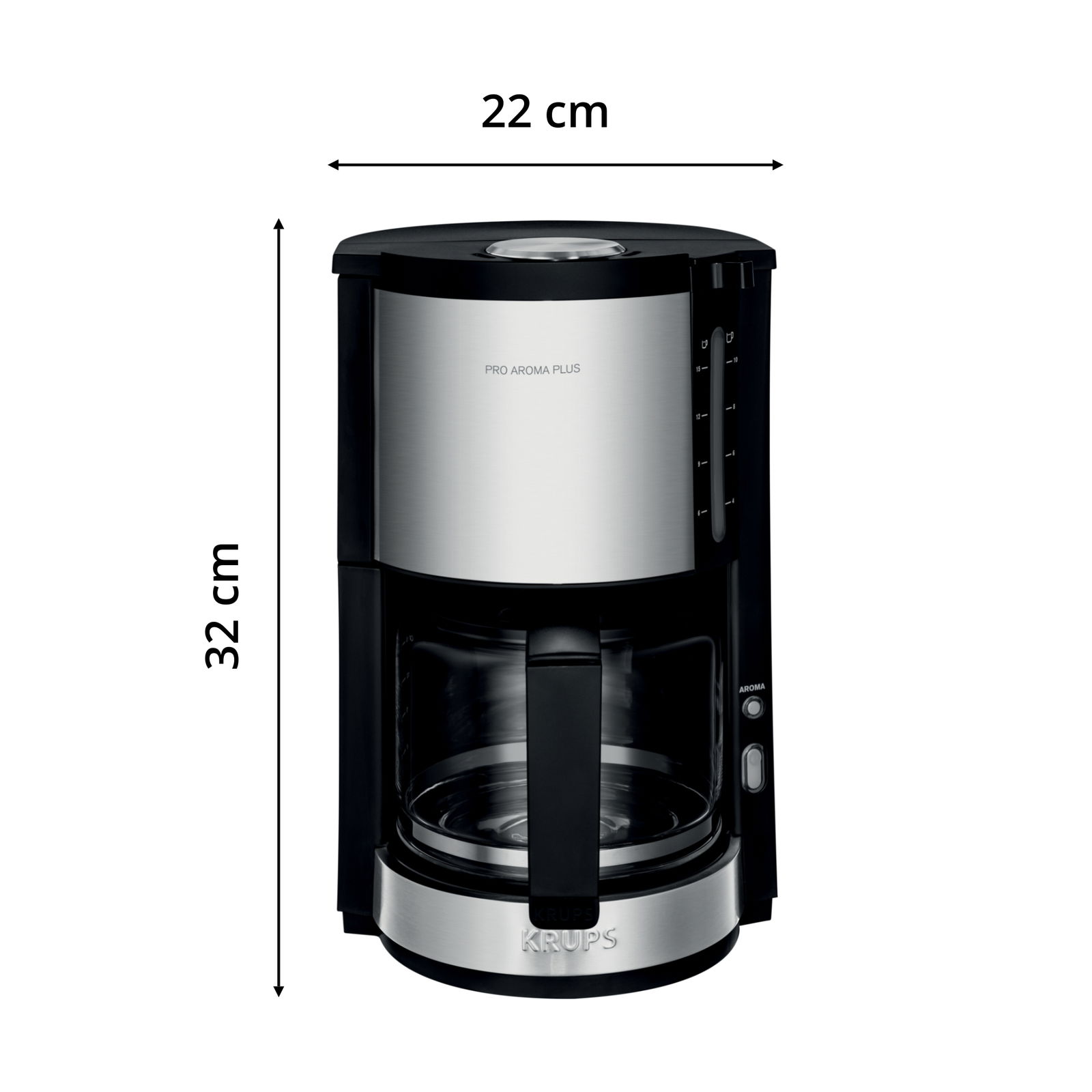 Kaffeemaschine ProAroma Plus in Frontalansicht, 22 cm breit und 32 cm hoch, mit Edelstahl- und Glaselementen.