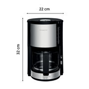 Kaffeemaschine ProAroma Plus in Frontalansicht, 22 cm breit und 32 cm hoch, mit Edelstahl- und Glaselementen.