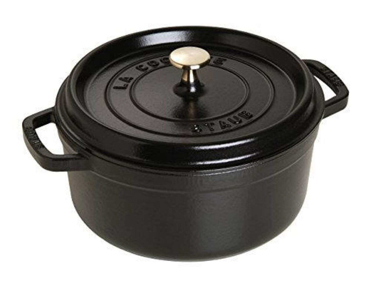 Zwarte ronde braadpan (cocotte) van 28 cm van Staub, met deksel en goudkleurige knop, zijaanzicht