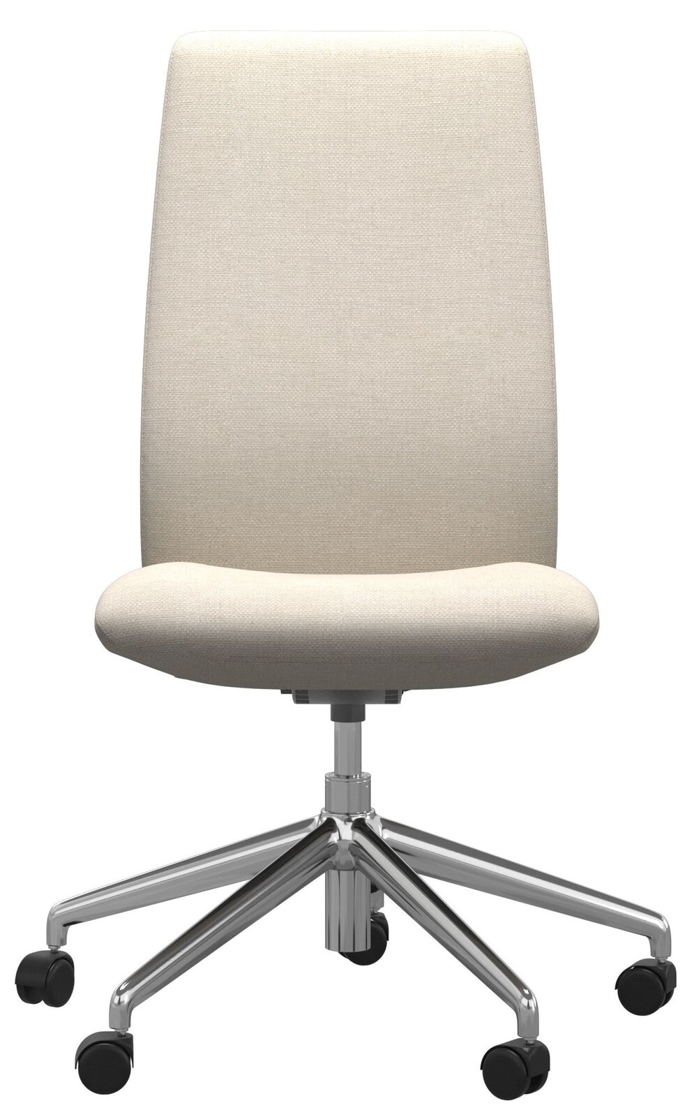 Frontansicht eines modernen, beigen Bürostuhls mit verchromtem Fußkreuz und Rollen.