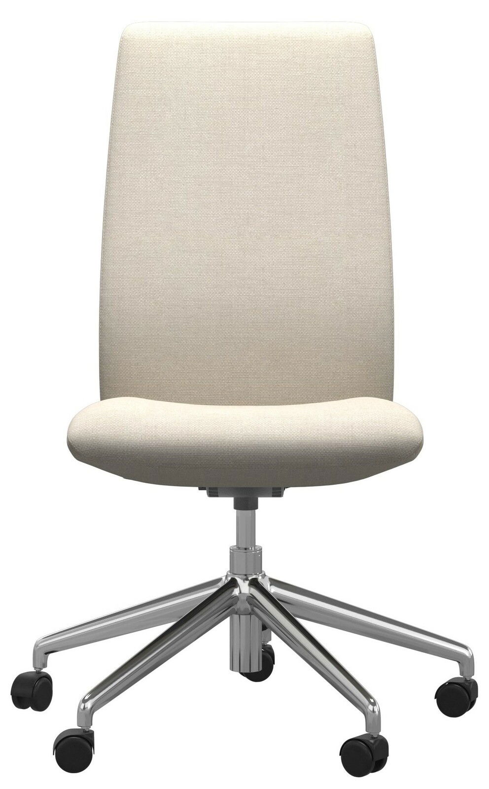 Frontansicht eines modernen, beigen Bürostuhls mit verchromtem Fußkreuz und Rollen.