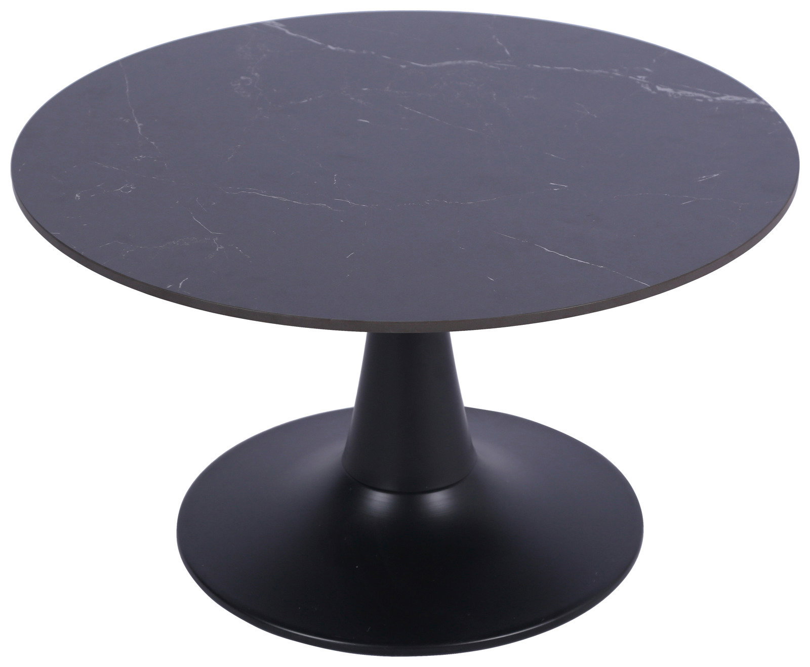 Runder Couchtisch mit schwarzer Marmoroptik und konischem Fuß, Ansicht von schräg oben