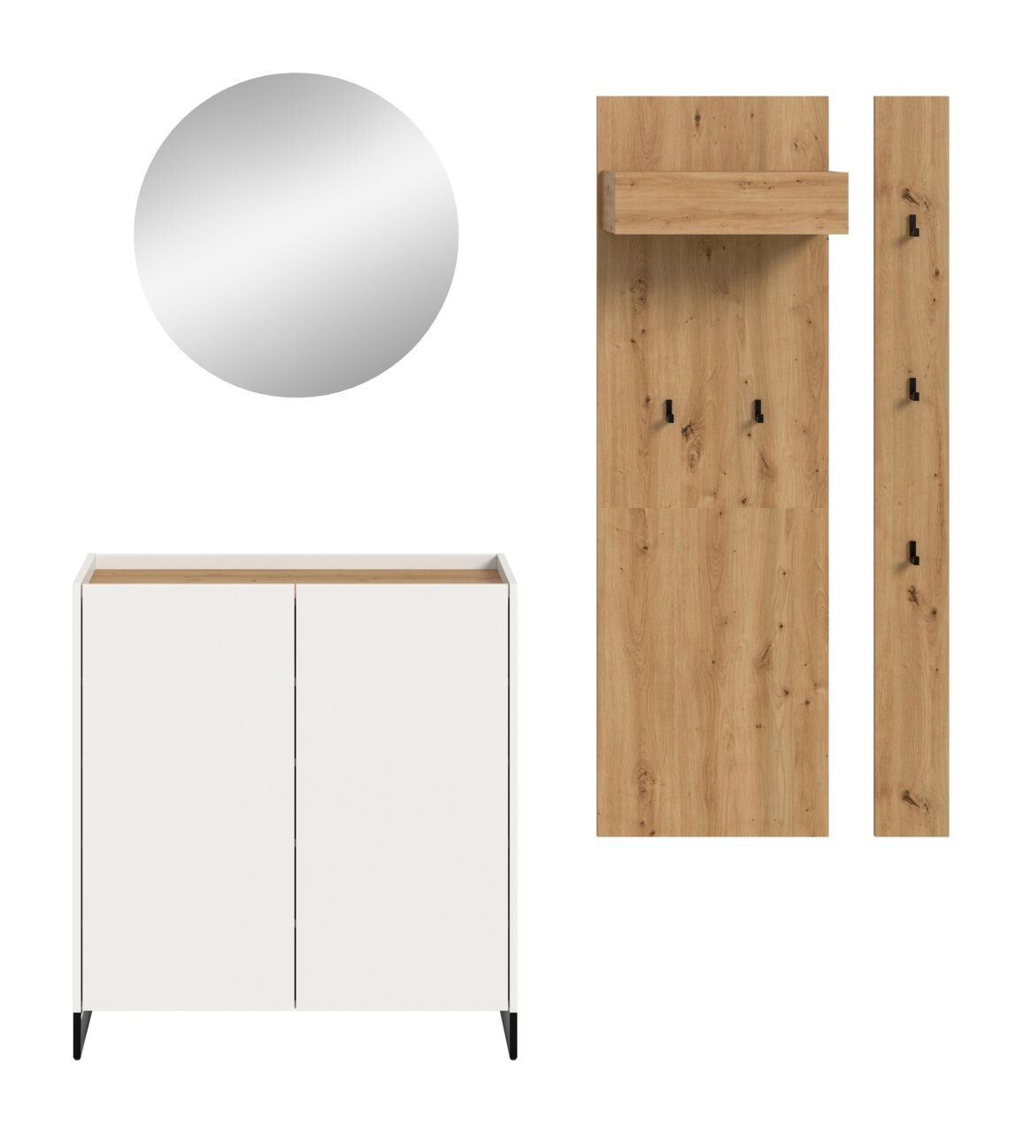 Garderoben-Set mit rundem Wandspiegel, weißem 2-türigem Schuhschrank mit Holzablage und schwarzem Metallgestell sowie Holz-Wandpaneelen mit schwarzen Haken, gezeigt in Frontansicht auf weißem Hintergrund