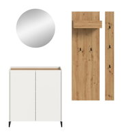 Garderoben-Set mit rundem Wandspiegel, weißem 2-türigem Schuhschrank mit Holzablage und schwarzem Metallgestell sowie Holz-Wandpaneelen mit schwarzen Haken, gezeigt in Frontansicht auf weißem Hintergrund