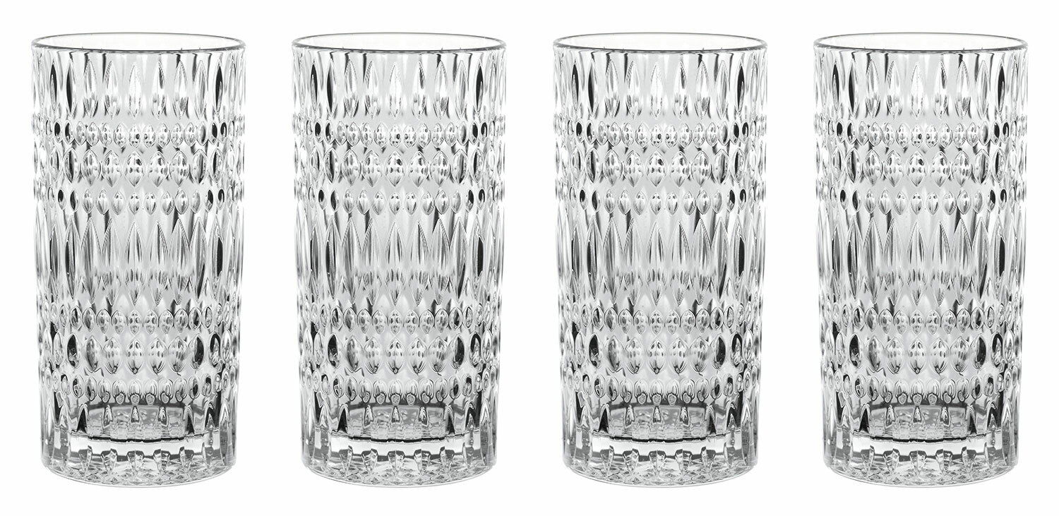 Vier hohe, elegante Longdrinkgläser mit Ethno-Muster, frontal abgebildet.