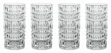 Vier hohe, elegante Longdrinkgläser mit Ethno-Muster, frontal abgebildet.