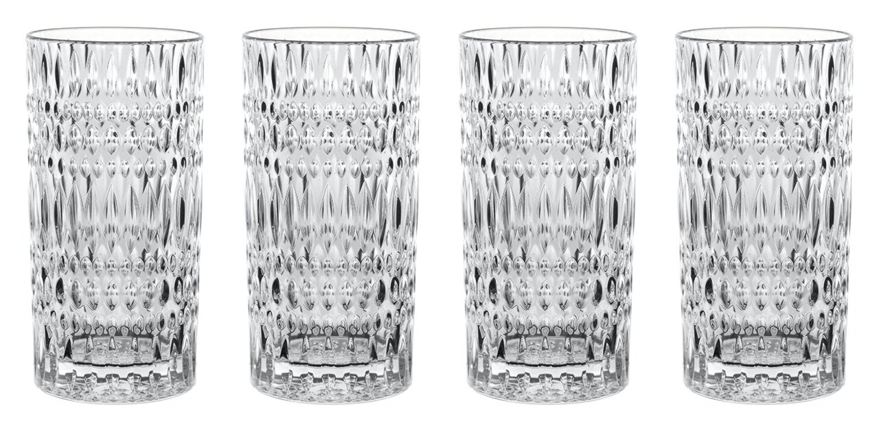 Vier hohe, elegante Longdrinkgläser mit Ethno-Muster, frontal abgebildet.