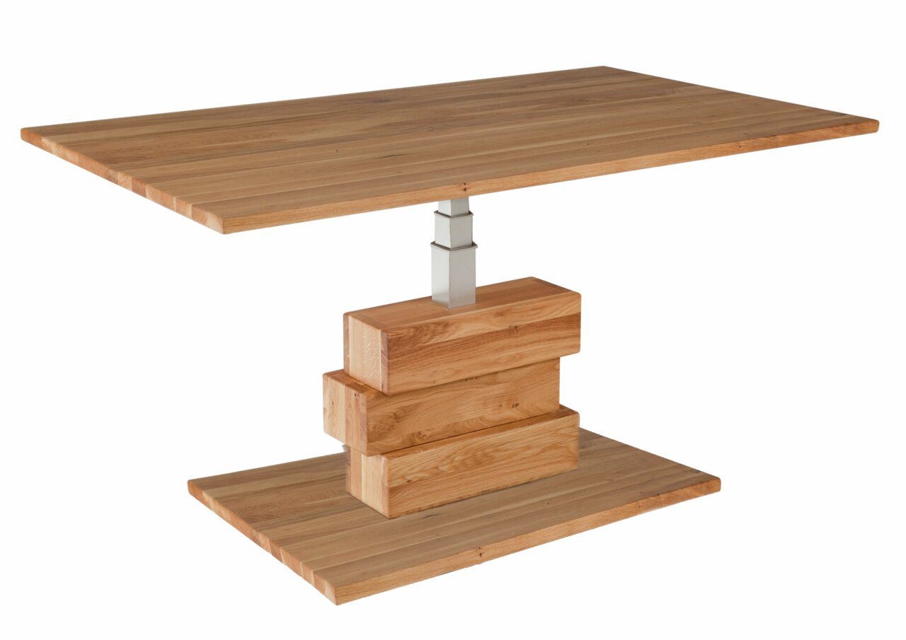 Moderne houten salontafel met rechthoekig tafelblad en een uniek, gestapeld onderstel, gezien vanaf de zijkant.