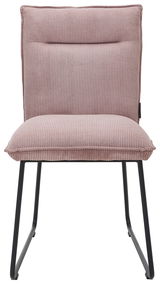 Moderner Stuhl mit rosa, geripptem Stoffbezug und schwarzem Metallgestell, Frontalansicht.