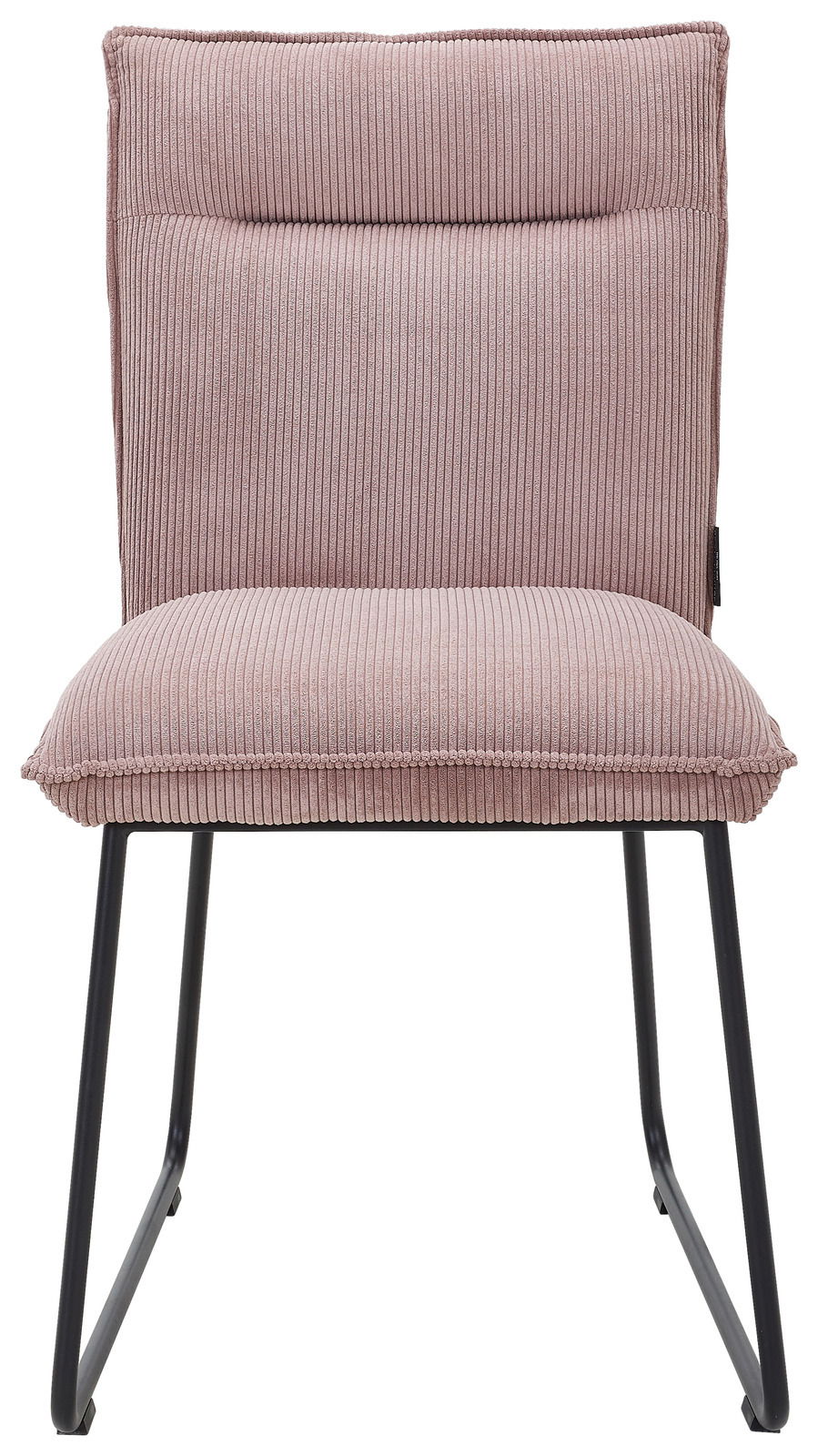 Moderner Stuhl mit rosa, geripptem Stoffbezug und schwarzem Metallgestell, Frontalansicht.