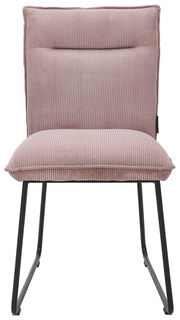 Moderner Stuhl mit rosa, geripptem Stoffbezug und schwarzem Metallgestell, Frontalansicht.