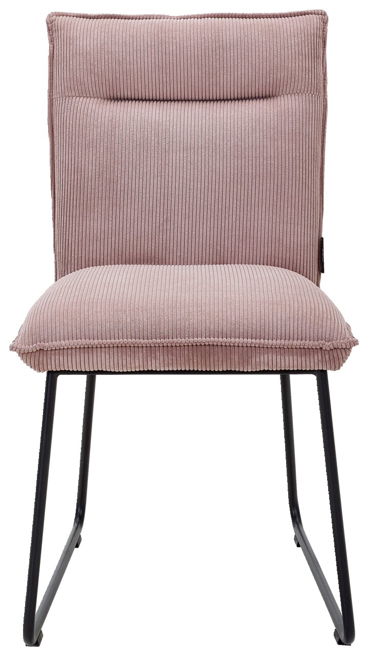 Moderner Stuhl mit rosa, geripptem Stoffbezug und schwarzem Metallgestell, Frontalansicht.