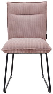 Moderner Stuhl mit rosa, geripptem Stoffbezug und schwarzem Metallgestell, Frontalansicht.