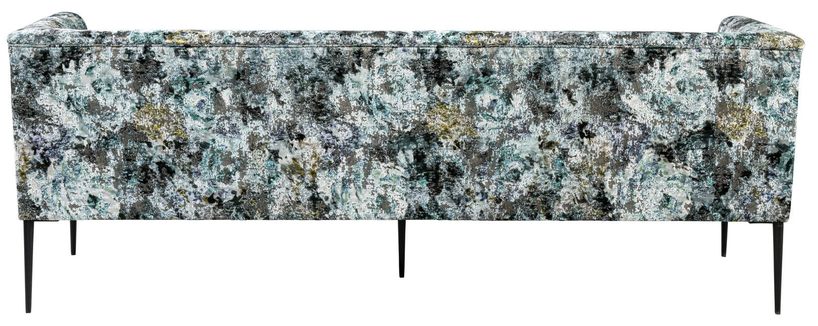 Rückansicht einer stilvollen Bank mit abstraktem, mehrfarbigem Muster und schlanken schwarzen Beinen.