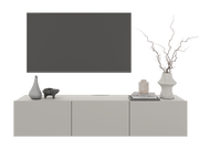 Modernes TV-Hängelowboard 180 in minimalistischer Frontansicht mit Dekorationen und einem großen Fernseher darüber.
