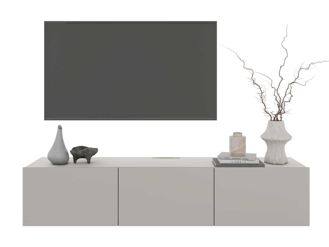 Modernes TV-Hängelowboard 180 in minimalistischer Frontansicht mit Dekorationen und einem großen Fernseher darüber.
