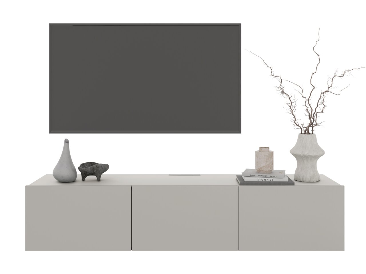 Modern hangend tv-lowboard 180 in minimalistische uitvoering, met decoraties en een grote tv erboven.
