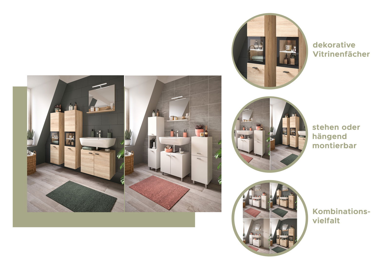 Badezimmermöbelkombination mit dekorativen Vitrinenfächern, stehend oder hängend montierbar, in Holz- und Weißtönen. Perspektive: Frontalansicht.