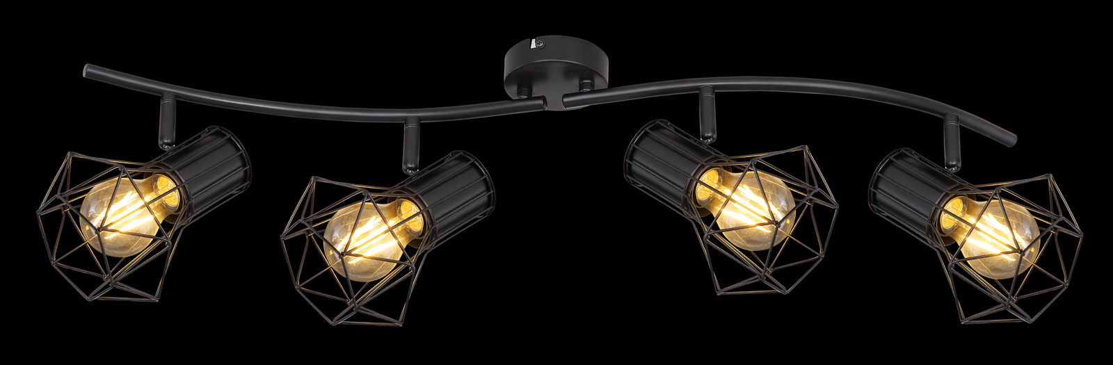 Schwarzer Metallstrahler mit vier verstellbaren Leuchten in geometrischen Käfigen, seitliche Perspektive.