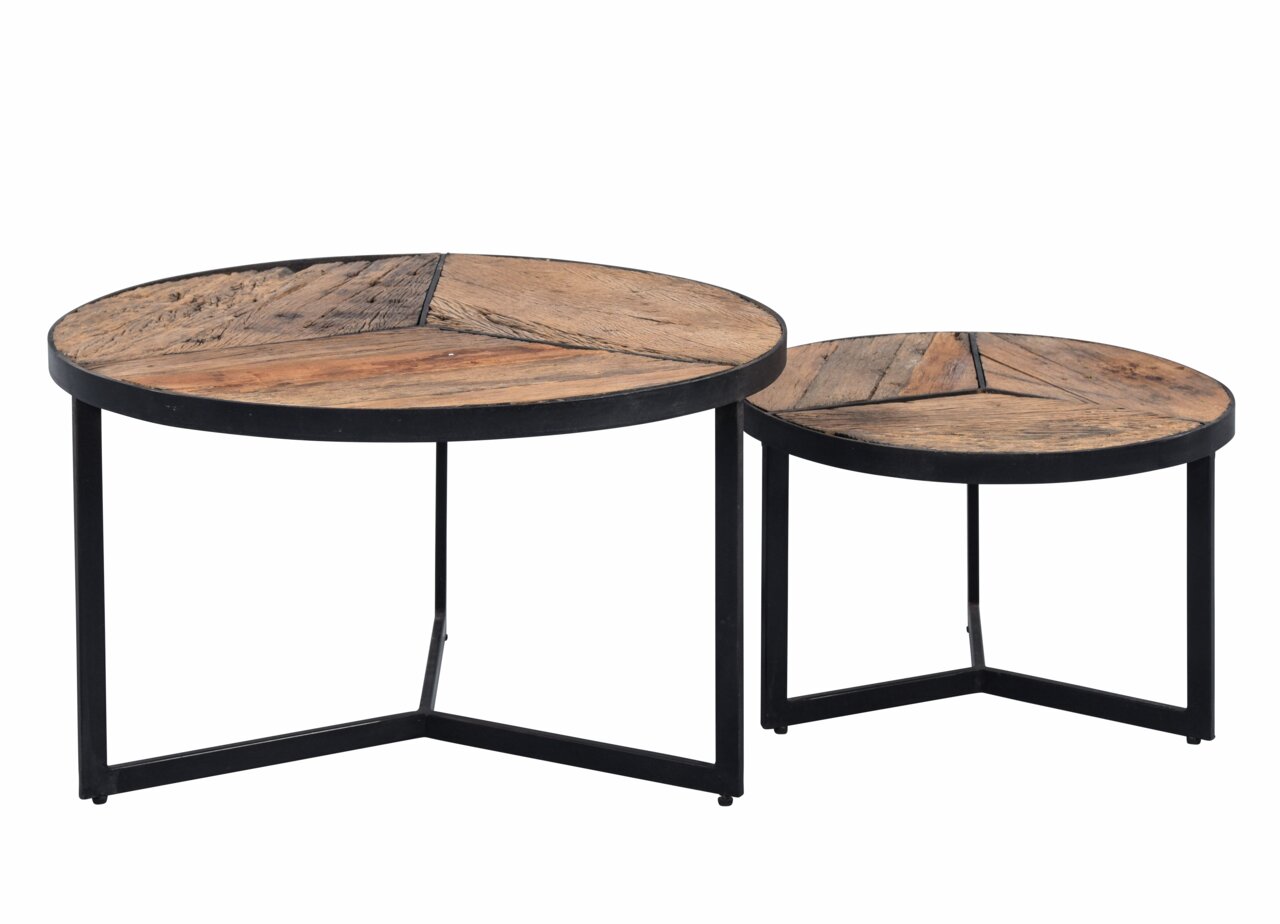 Zweier-Set Couchtische aus Holz und Metall, von schräg oben betrachtet