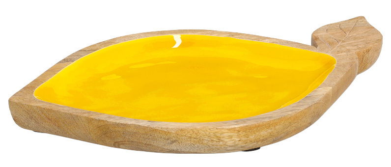 Servierschale aus Mangoholz in Form eines Blattes mit gelber Innenseite, seitliche Perspektive