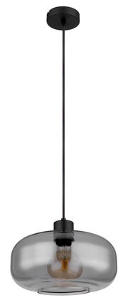 Moderne Hängeleuchte mit rauchgrauem Glasschirm und schwarzer Aufhängung, seitliche Perspektive