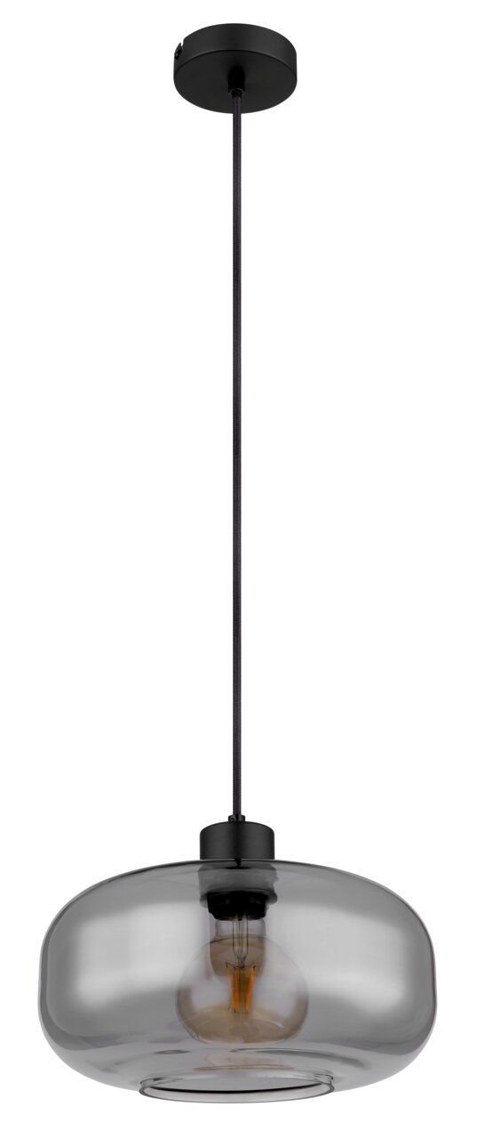 Moderne Hängeleuchte mit rauchgrauem Glasschirm und schwarzer Aufhängung, seitliche Perspektive