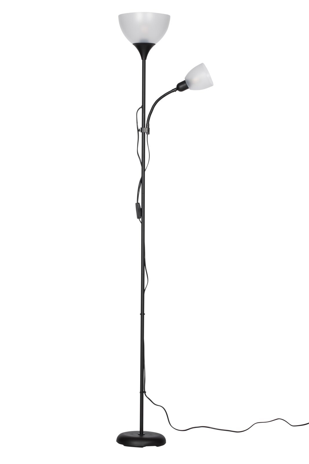 Staande lamp met twee lampenkappen, één naar boven en één naar de zijkant gericht, in de kleur zwart, zijaanzicht