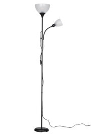 Staande lamp met twee lampenkappen, één naar boven en één naar de zijkant gericht, in de kleur zwart, zijaanzicht