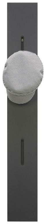 Garderobenpaneel in dunkler Farbe mit Haken, frontal abgebildet, mit einer karierten Mütze darauf.